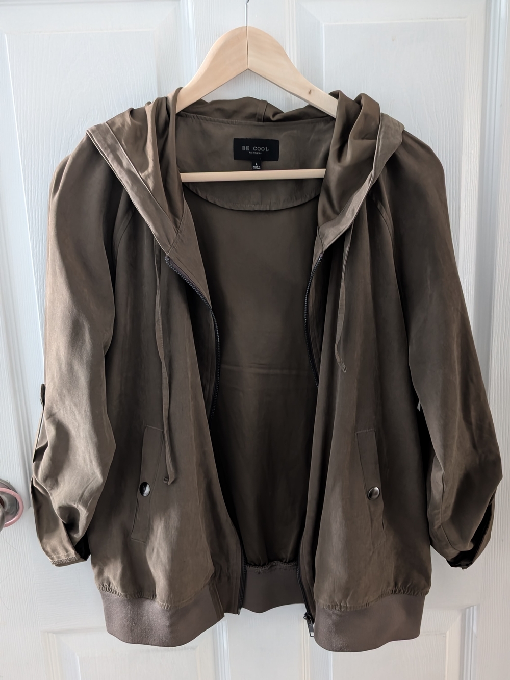 BE COOL Olive Green Faux Satin Hooded Jacket